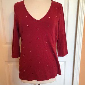 - Red 3/4 sleeve top with jewels L EUC